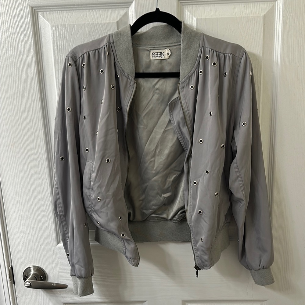 Grey Women's boomer Jacket with Eyelet Details